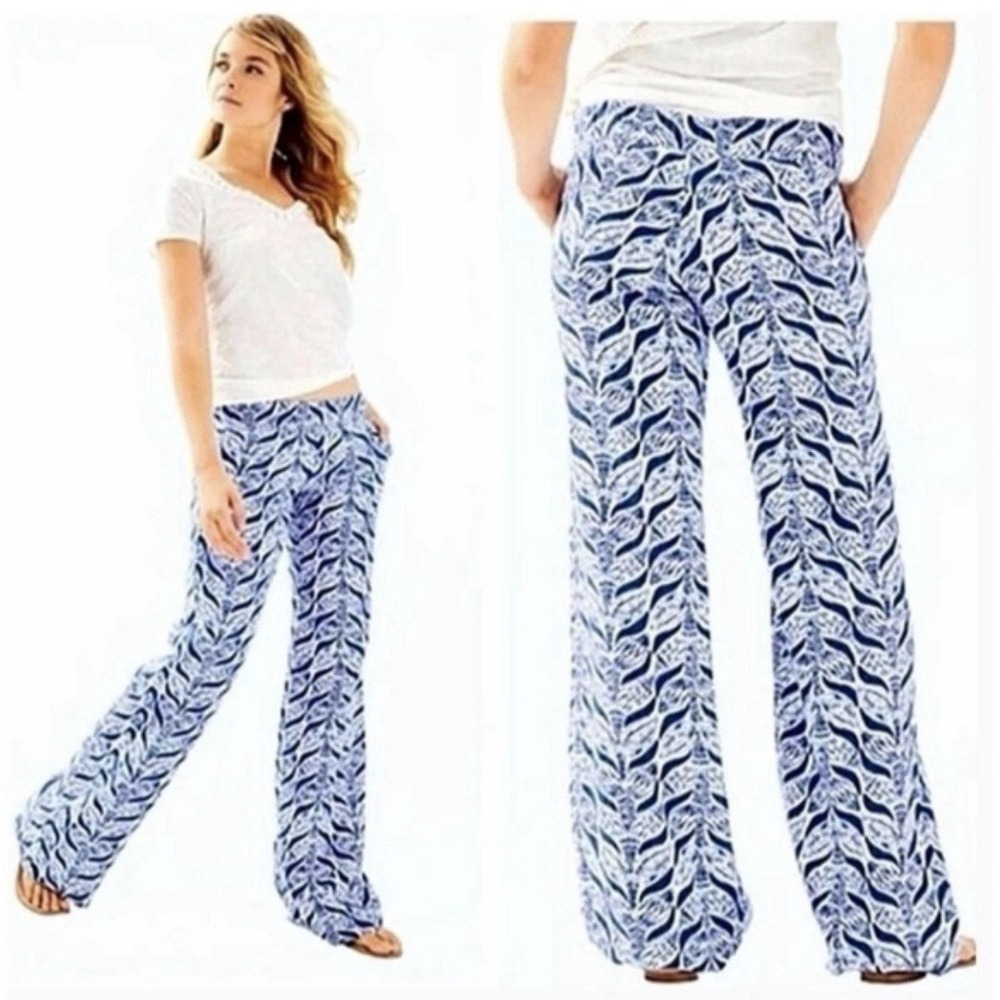 Lilly Pulitzer Bal Harbour Pants Womens OS Blue White Linen Mermaid